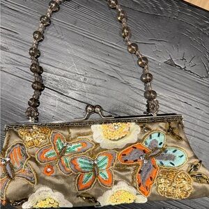 Embroidered Butterfly Clutch with Beaded Handle